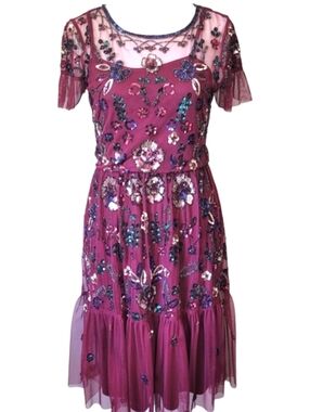 Gianni Bini Wendy Sequin Embroidered Mesh Dress Burgundy Party Size 0